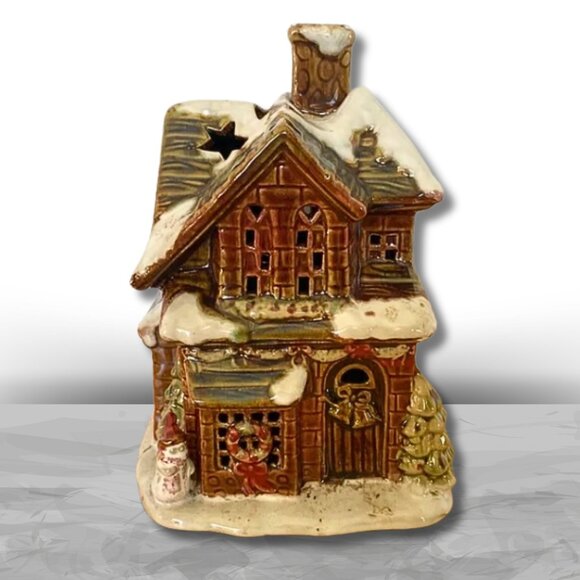 Christmas Village Scene Brown House with Wreath on Door Candle Holder - Picture 1 of 7